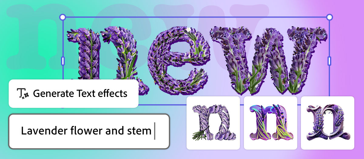 The word "new" is spelled out using lavender flowers and stems, with a text effects icon and the label "Lavender flower and stem."