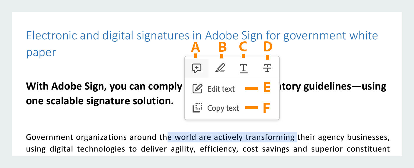 Additional tools when you select text in a PDF