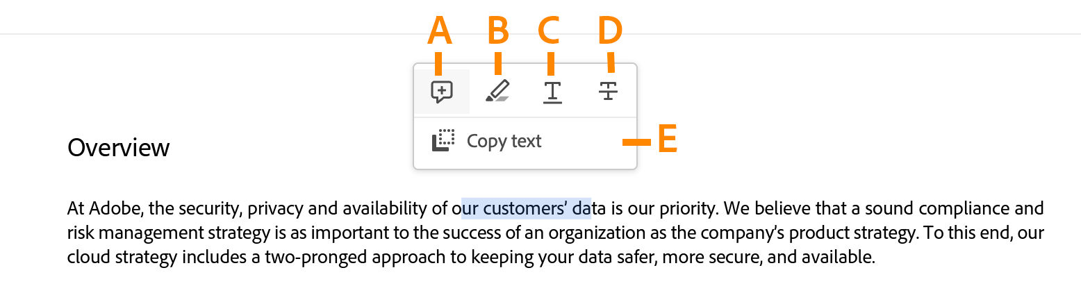 Additional tools when you select text in a PDF