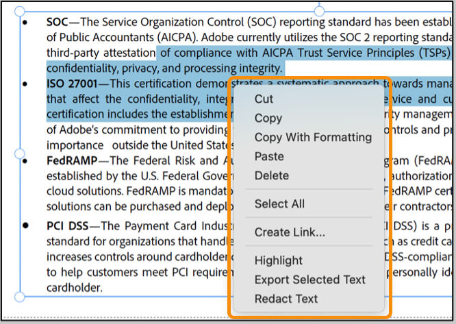 Text selection context menu option