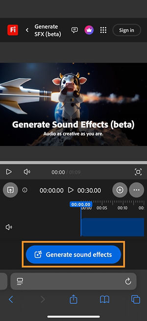 The Generate SFX (beta) page is open and there is a Generate sound effects button is highlighted.