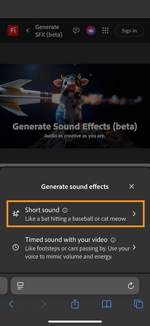 Short Sound and Timed sound with your video options are available to choose from. The Short Sound option is selected to generate a sound effect using a brief text description.
