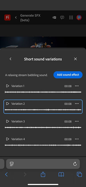 The Short Sound Variations option is open, and four different generated variations are available to choose from. There is also an option to add the sound effects to the timeline.