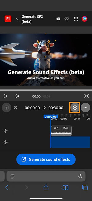 The generated sound effect is added to the timeline, and you can edit it. You can also generate and add a new sound effect.
