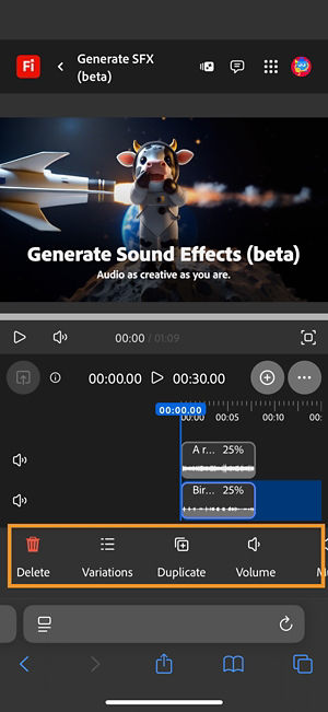 The generated sound effect is selected and the edit options are available for you to use.