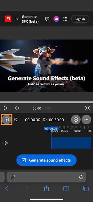The Upload button is highlighted so that you can add a video for which you want to generate sound for.