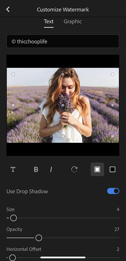 The text watermark options in Lightroom for mobile (iOS)