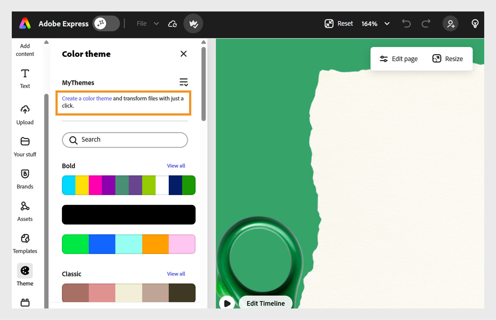 A design open in Adobe Express editor showing the color themes panel on the left with the highlighted option 'Create a color theme and transform files with just a click.'