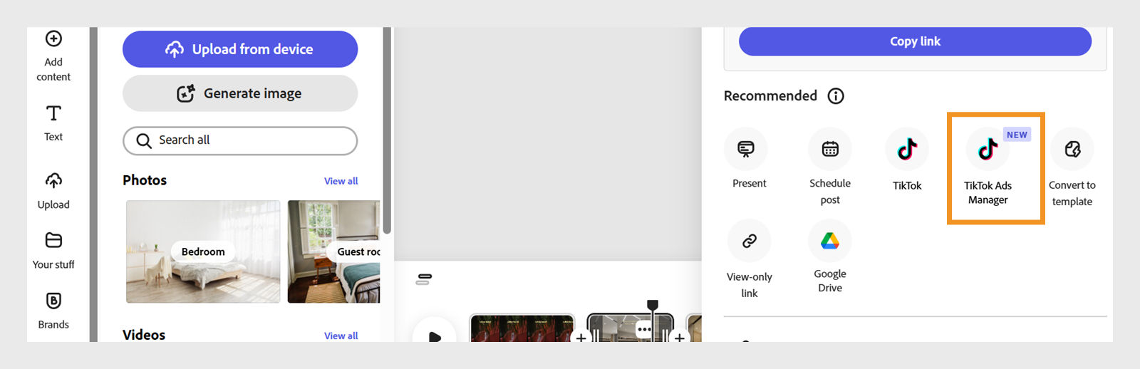 Share panel open in the Adobe Express editor, highlighting the option to be able to share it on TikTok Ads Manager.