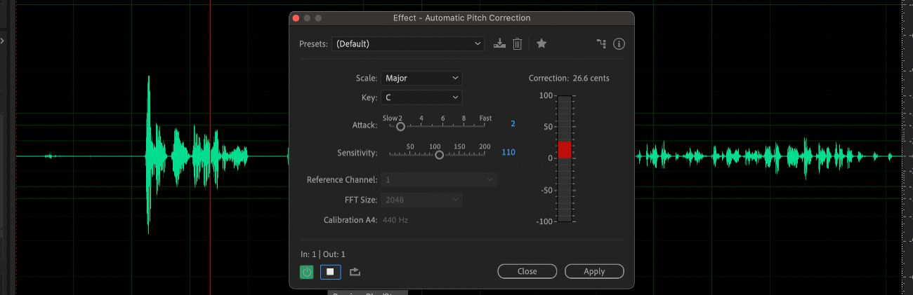 The Automatic Pitch Correction effect dialog shows options to set the key and scale, adjust retune speed, and control correction precision for automatically tuning vocals or instruments.
