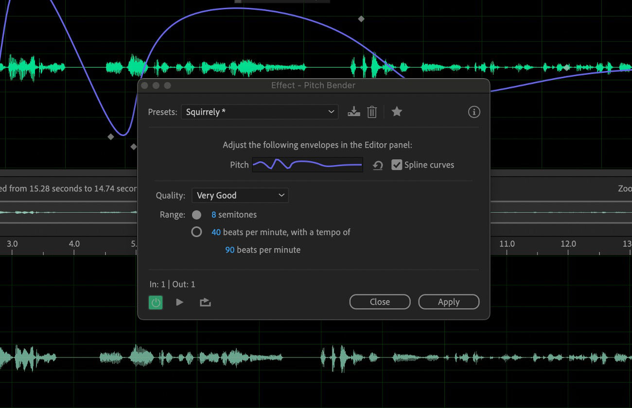 The Pitch Bender effect dialog shows controls for creating pitch sweeps and bends over time, allowing you to set the starting and ending pitch, and more.