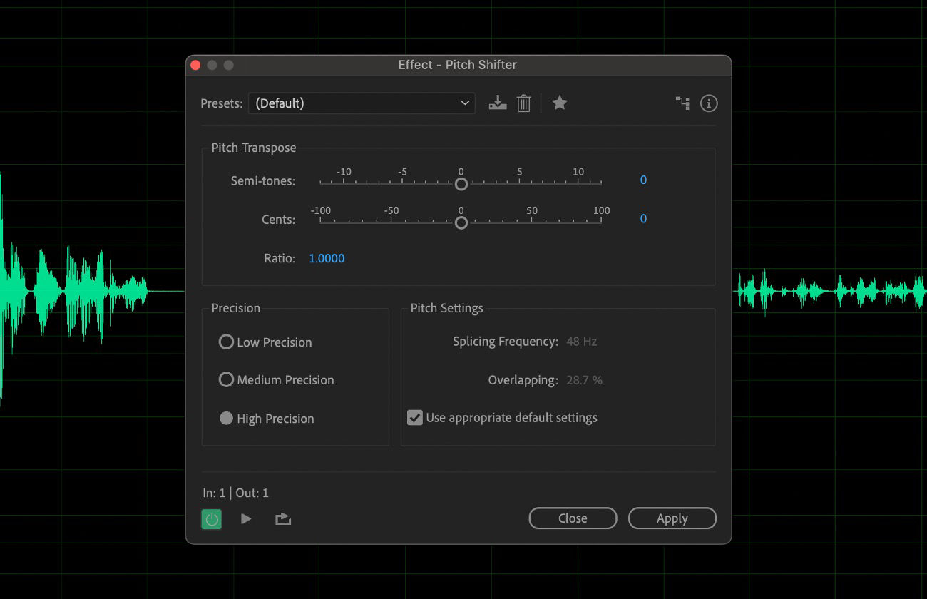The Pitch Shifter effect dialog shows controls for shifting the pitch of audio up or down by a specific interval.