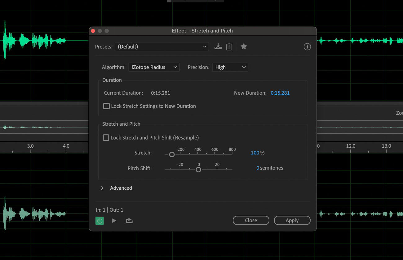 The Stretch and Pitch effect dialog shows controls for independently adjusting the length (time) and pitch of an audio clip, selecting the stretching algorithm, preserving formants, and previewing changes in real time.
