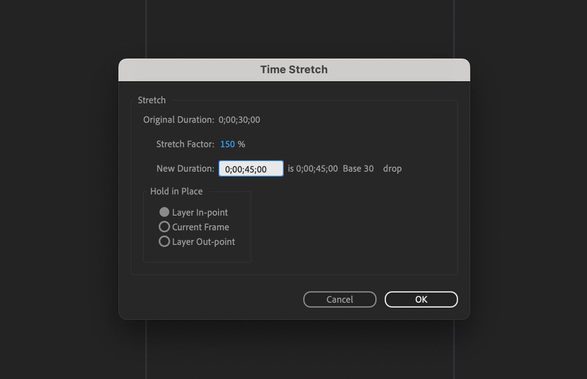 A dialog box called Time Stretch is open, and it has Original Duration of the current layer listed and options such as Stretch Factor, New Duration, and Affected Options to stretch the time.