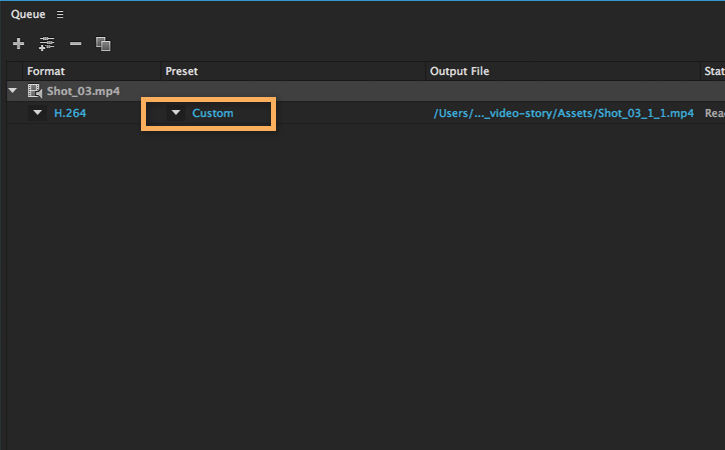 In Adobe Media Encoder, click the blue preset name for the project.