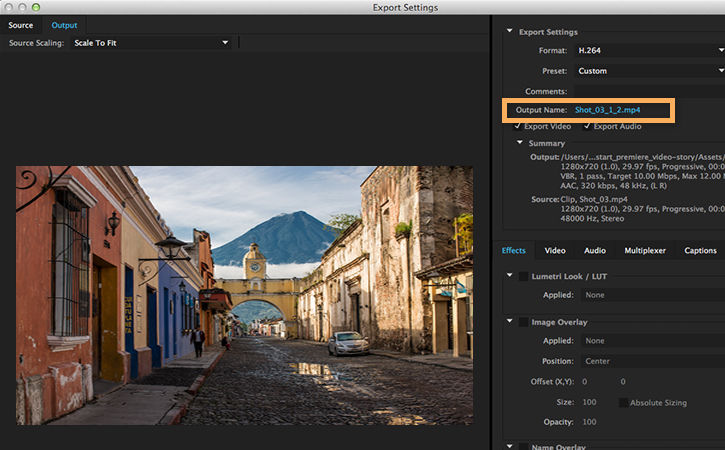 In Export Settings, click the blue Output Name to set filename and target location of exported file.