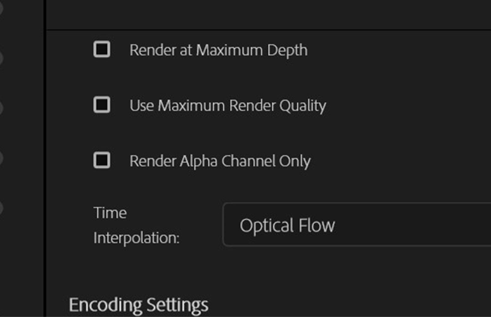 The time Interpolation setting options are displayed to change the frame rate of the exported file by using Optical Flow to interpolate the missing frames. 