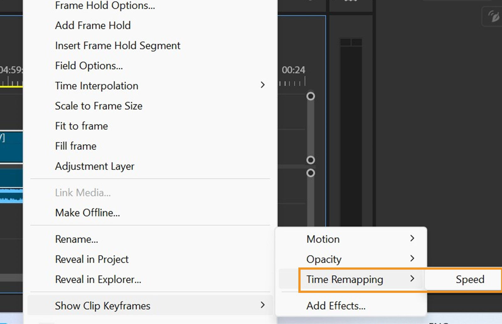 Time remapping and the Speed options are highlighted. Select Speed to change the speed of a video clip. 