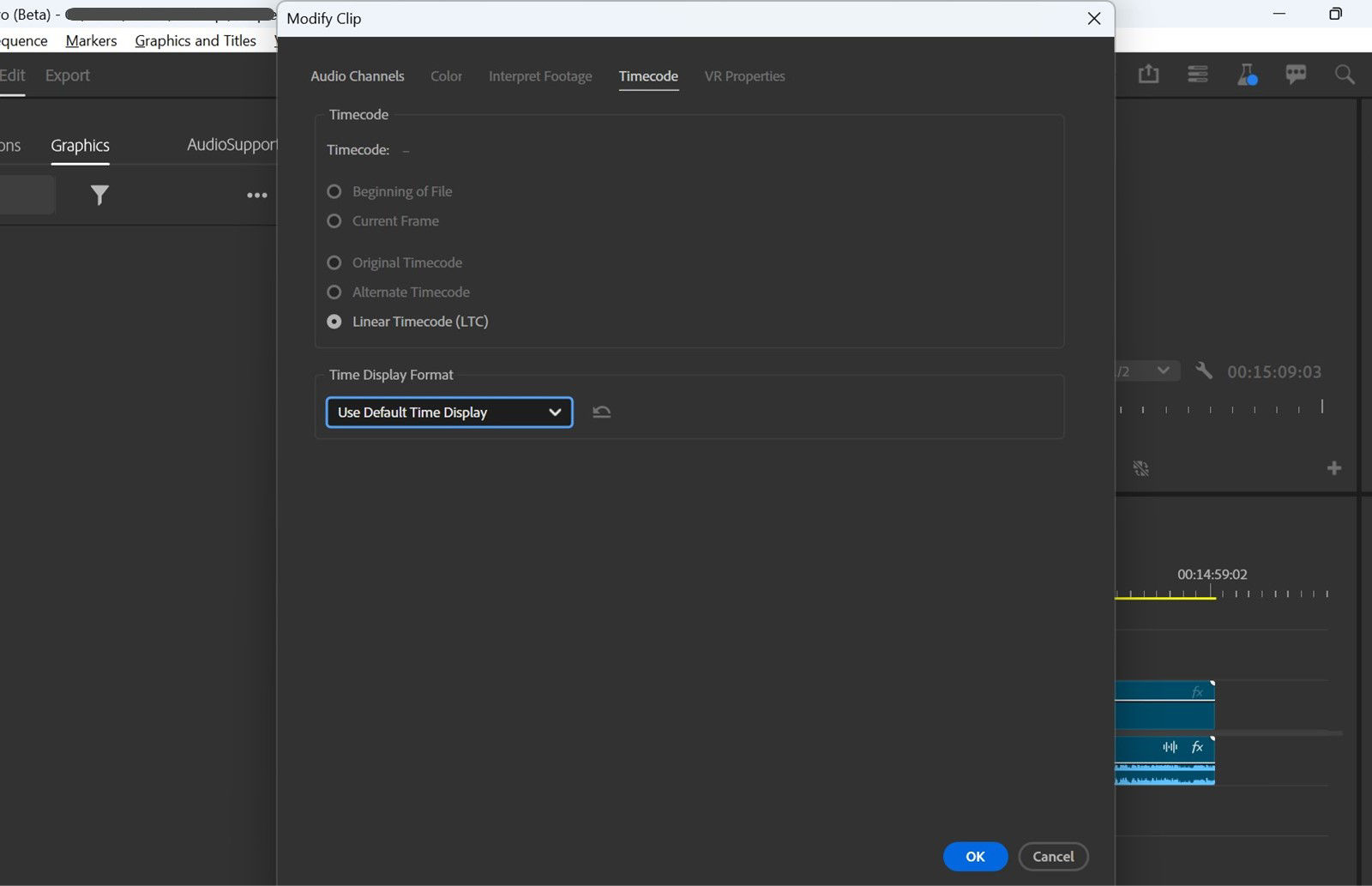 The Modify Clip dialog box is open and the option Linear Timecode (LTC) is selected.