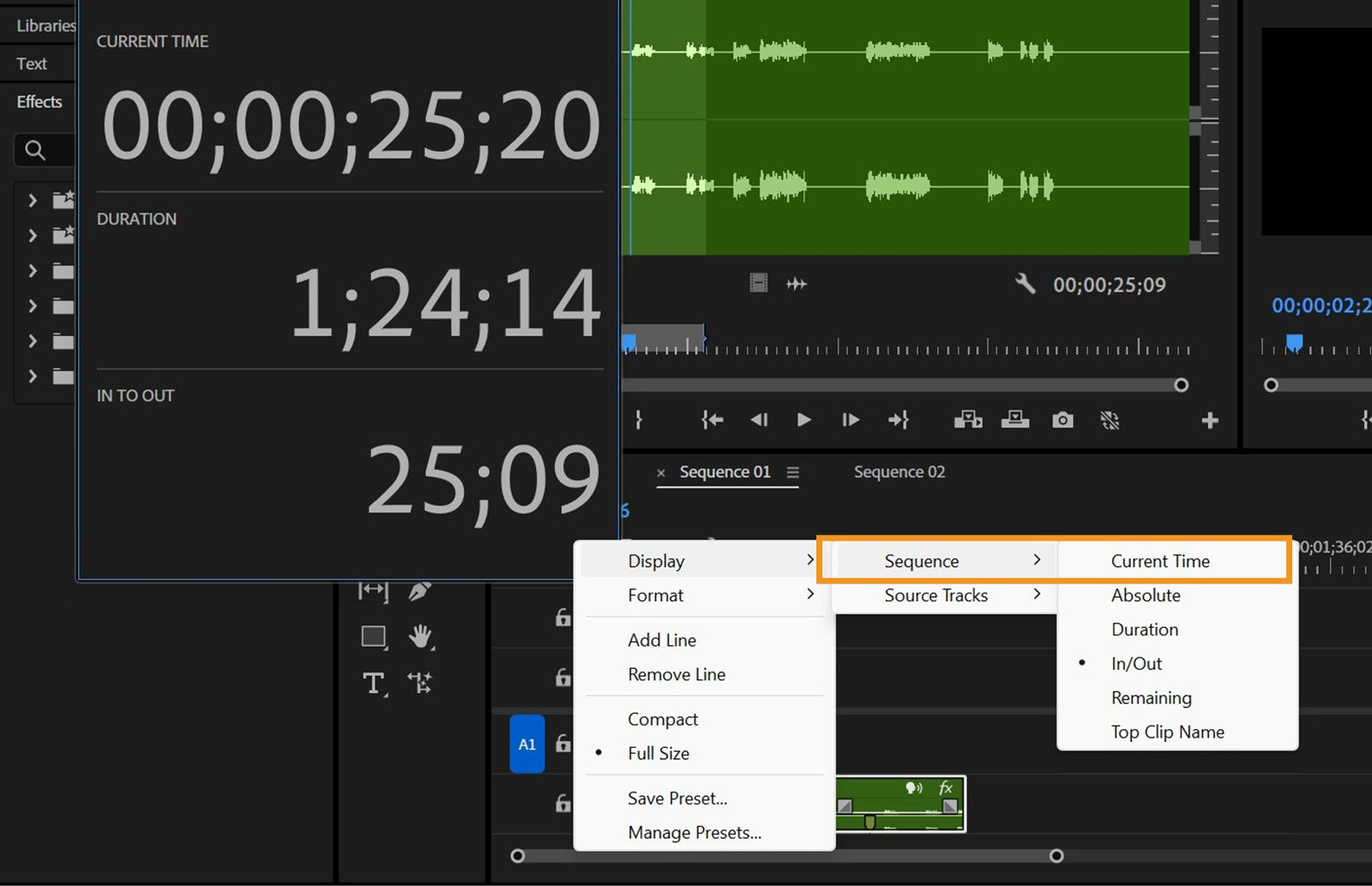 The Timecode panel is open displaying multiple options and the Current Time command is selected. 