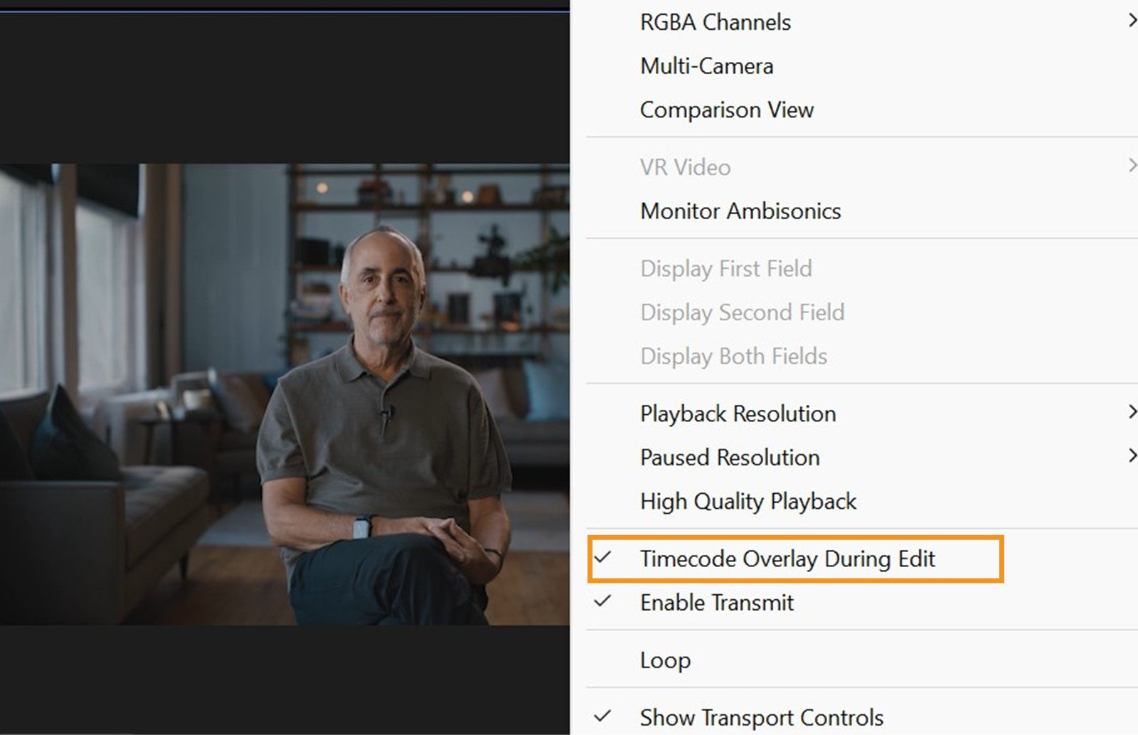 The Program Monitor menu is open and the menu command Select Timecode Overlay During Edit is selected.