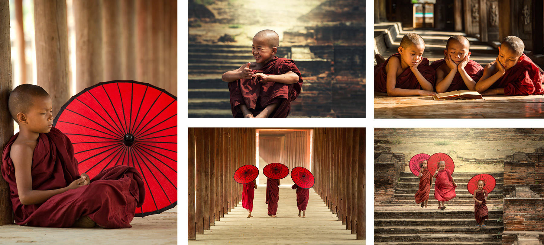 Collage of photographs of novice monks wearing red robes.