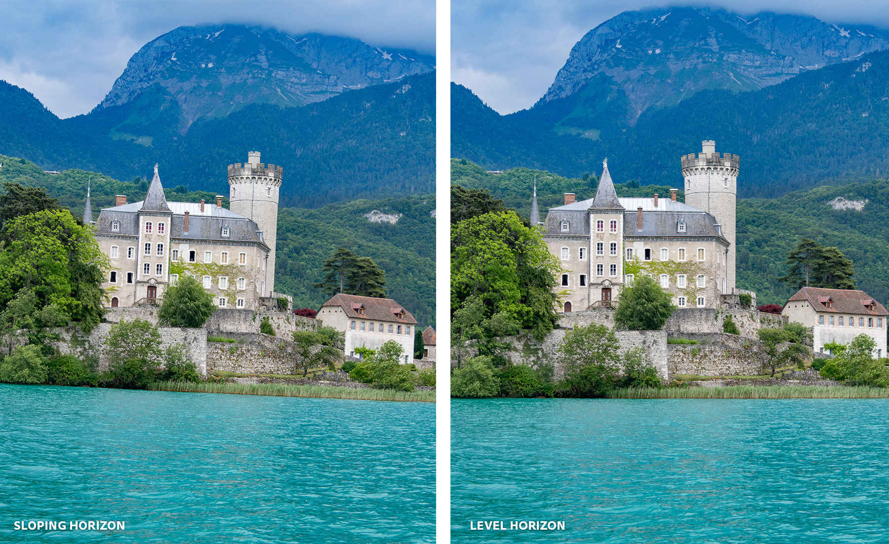 Two photos of a castle on a lake with mountains in the background, explaining sloping and level horizon lines.