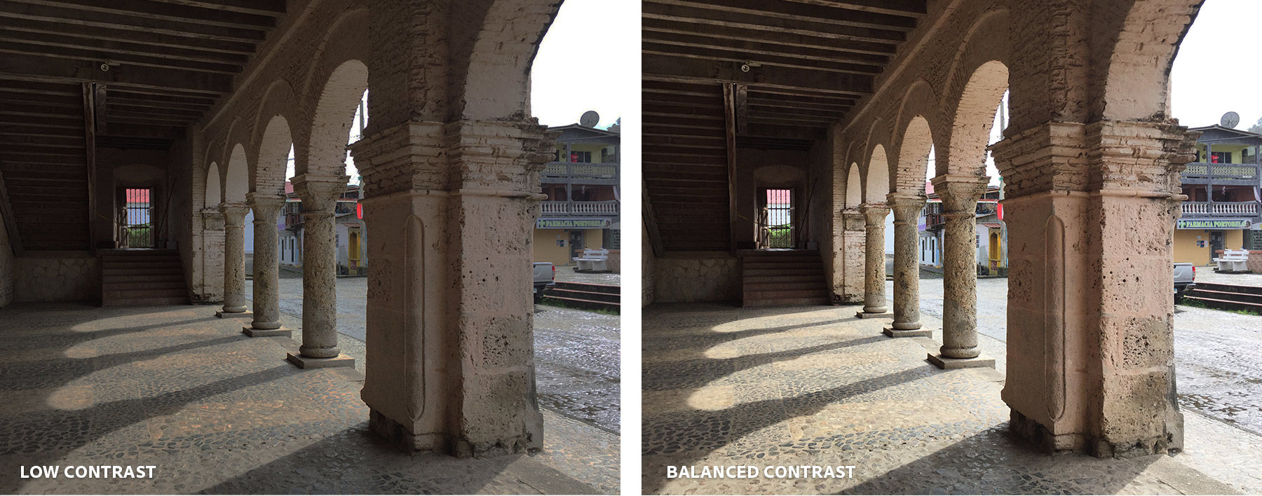 A collage of two photographs taken under a row of arches, comparing low and balanced contrast.