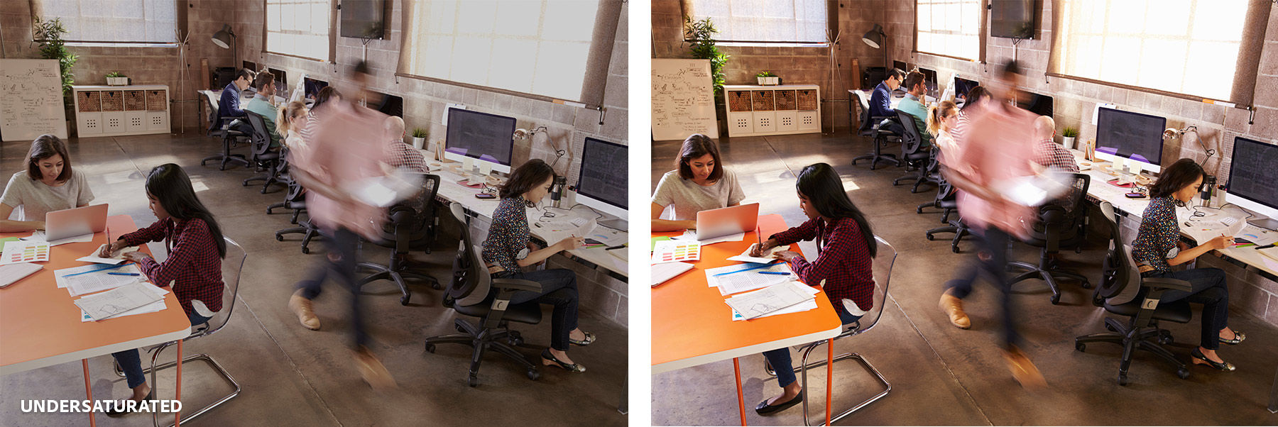 A collage of two photographs of an urban office space, comparing undersaturated and properly saturated editing.