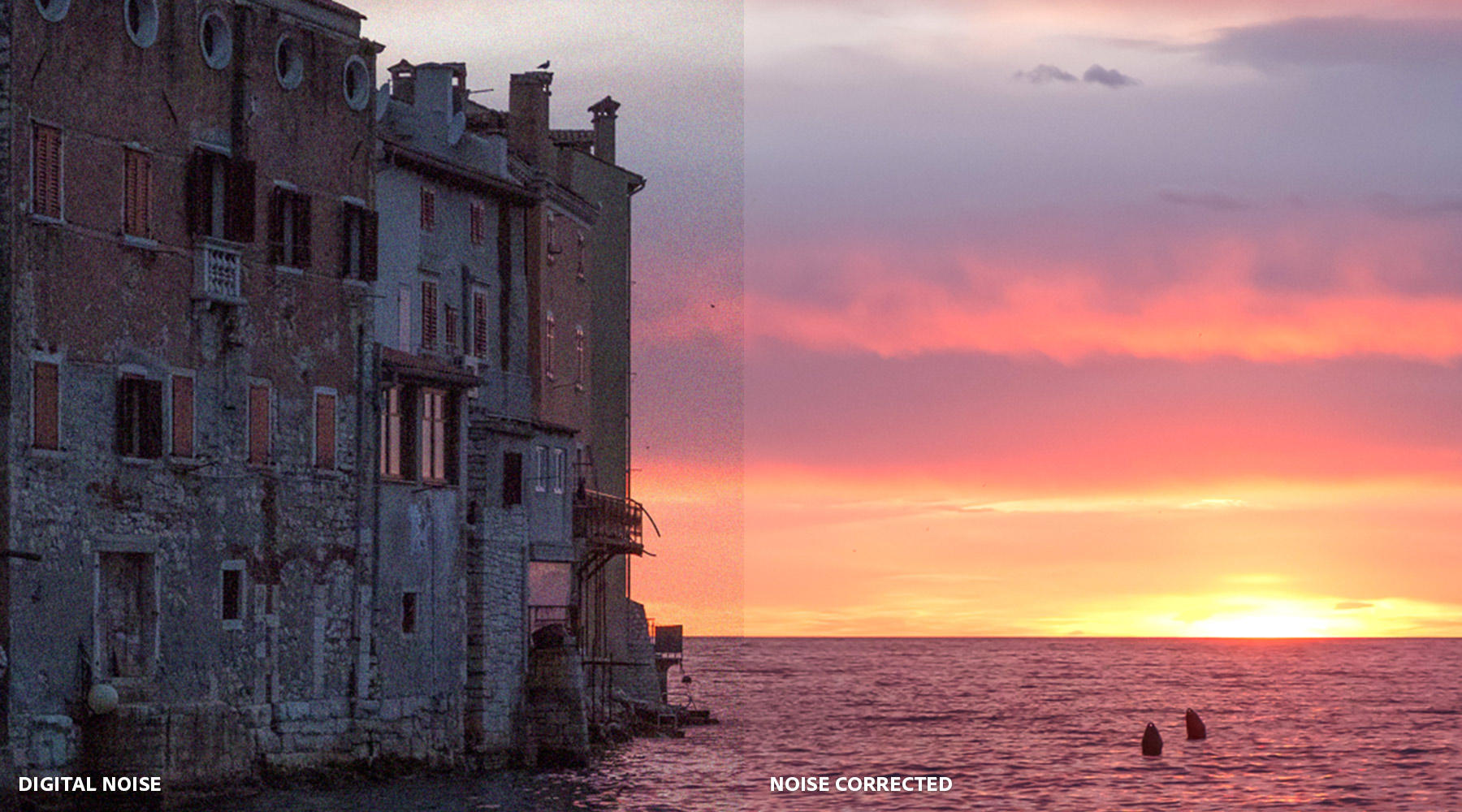 A photograph of an old seaside building at sunset, comparing ISO grain and noise before and after corrections.