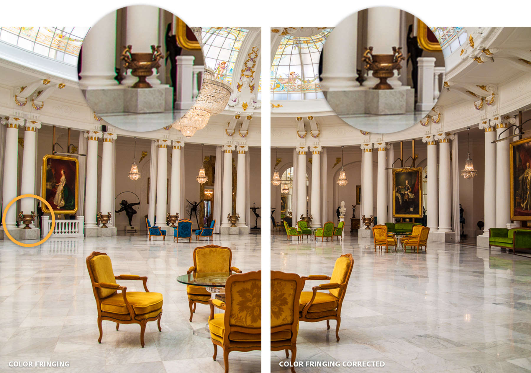 A photograph of a museum with a zoom-in loupe on a vase, showing green fringing before and after using lens correction tools.