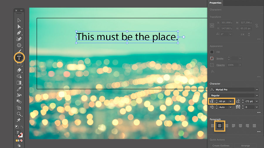 While text is selected with the Type tool, a font size of 60 pt is set in the Character section of the Properties panel