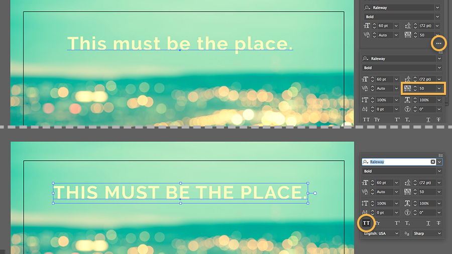 Update text by choosing 50 in the Set Tracking menu located in the Character panel, then click the All Caps button