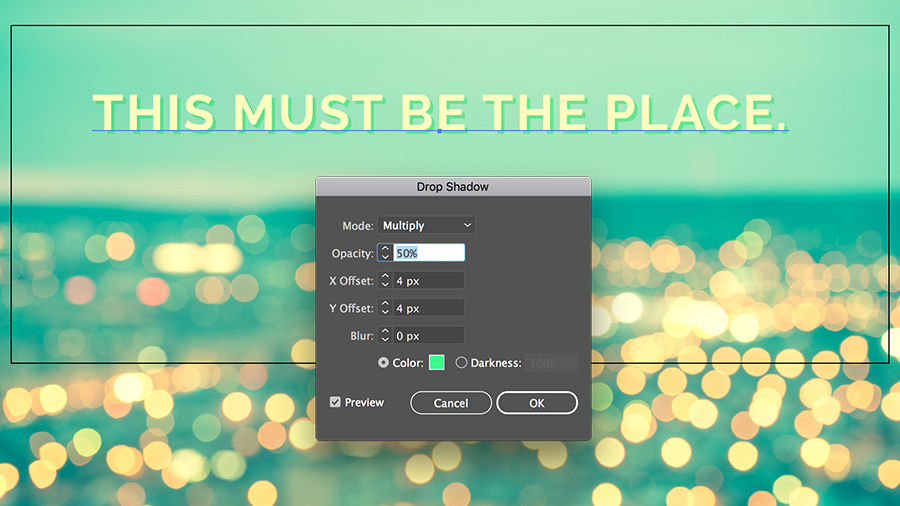 Drop Shadow window displays the Mode, Opacity, X Offset, Y Offset, Blur, and Color options