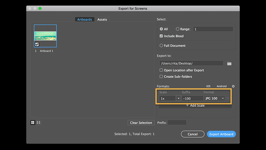 Select the export location and the JPG 100 option in the Export for Screens dialog box