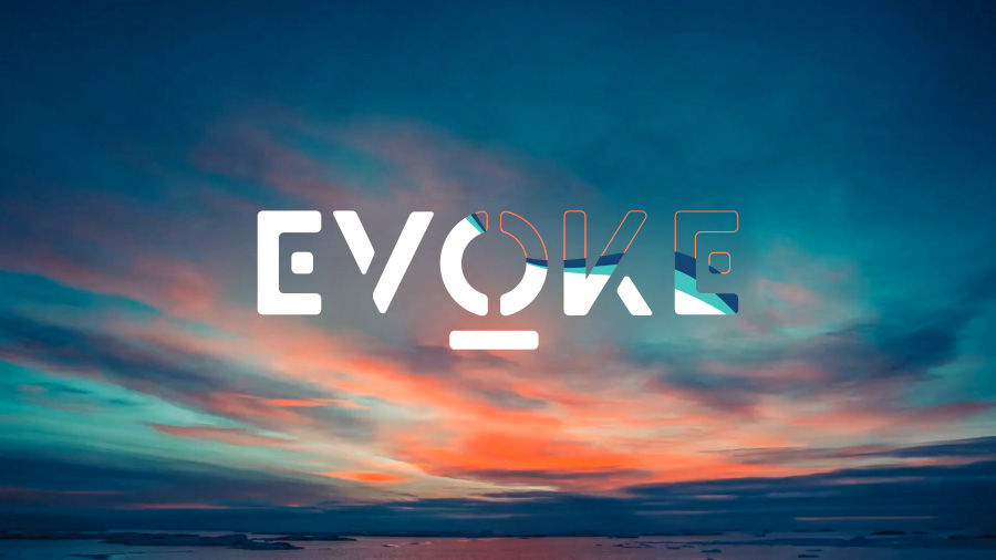 An image of a dramatic sky with the title “Evoke” animating into frame