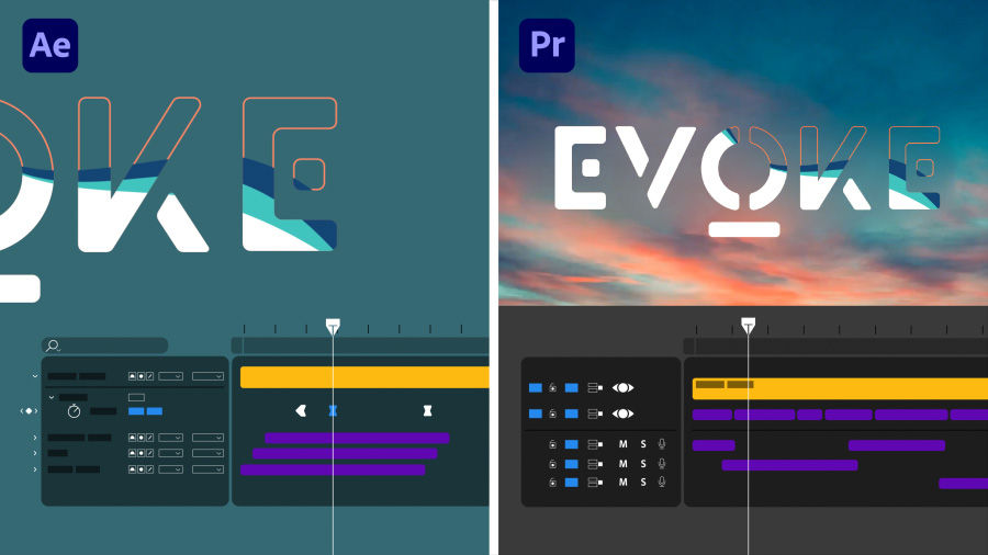 Two images. On left, editing a video in Premiere Pro. On right, animating a title into the same video in After Effects