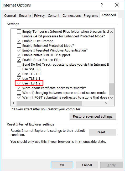 Use TLS 1.2 setting