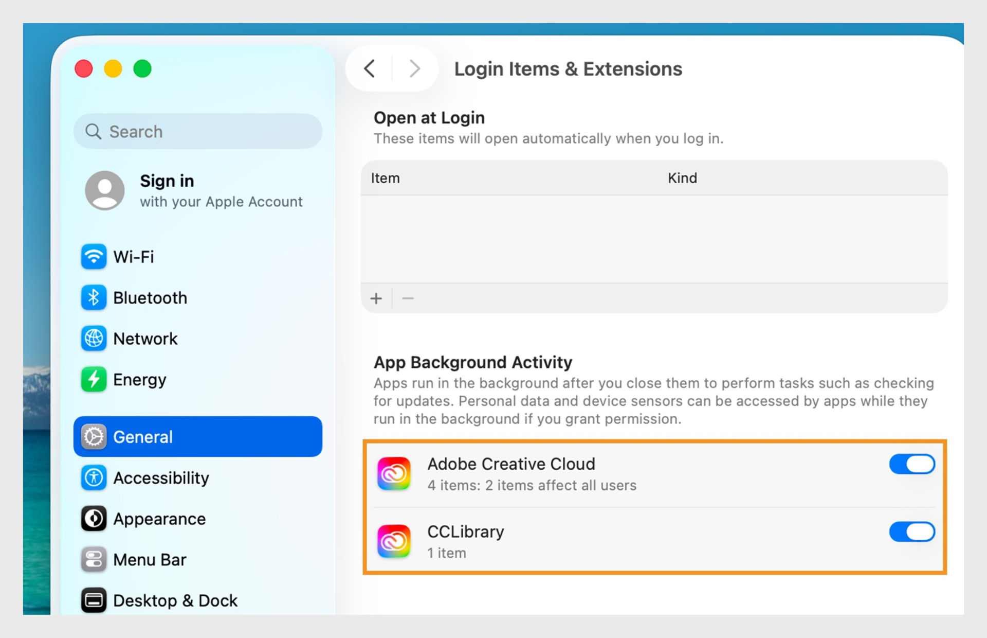 The Adobe Creative Cloud toggle button under App Background Activity allows you to enable background activity of your apps. 
