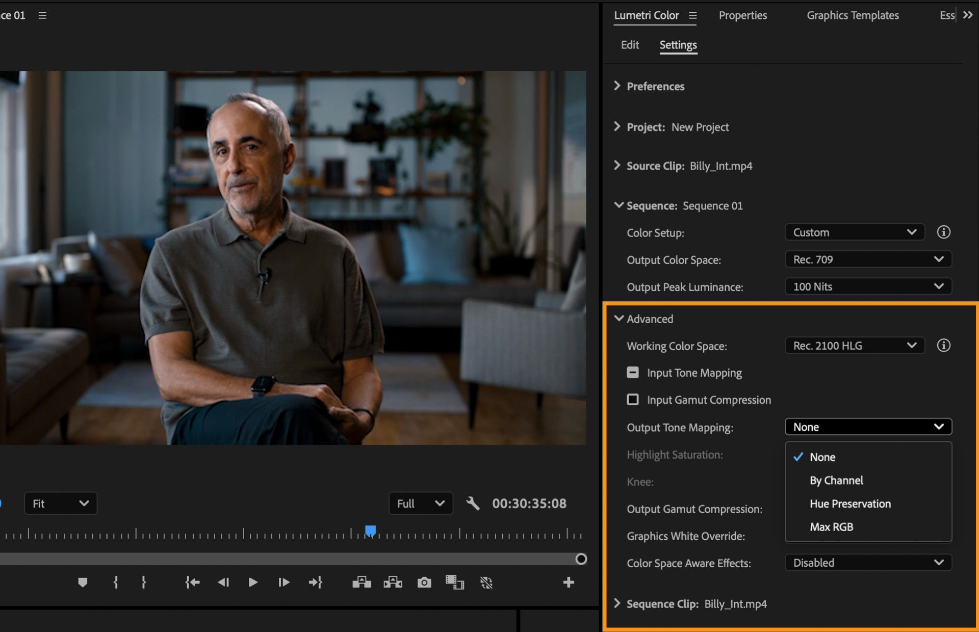 Premiere Pro interface showing the Lumetri Color panel with the Advanced color settings expanded. The Output Tone Mapping dropdown is open, displaying options like None, By Channel, Hue Preservation, and Max RGB.