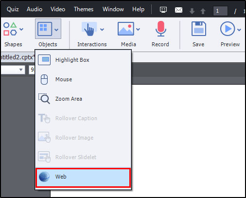 Selecting the web objects dialog from the toolbar