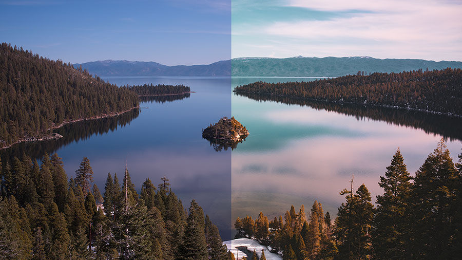Photo of a lake in the mountains with different color balance on the left and right side