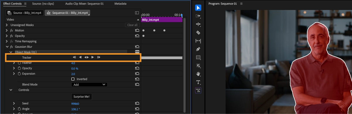 Effect Controls showing Object Mask tracking controls highlighted, with the mask tracking highlighted in the Program Monitor.
