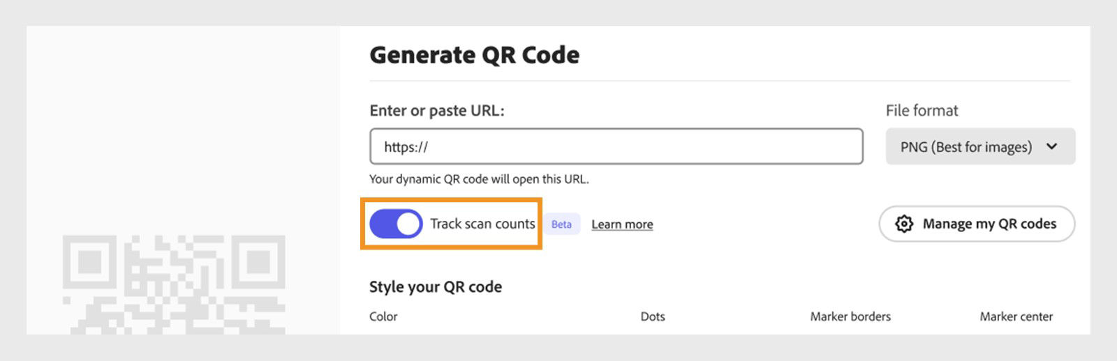 QR code generator interface in Adobe Express, showing options to enter a URL, select file format, toggle Track scan counts and a button to manage QR codes.