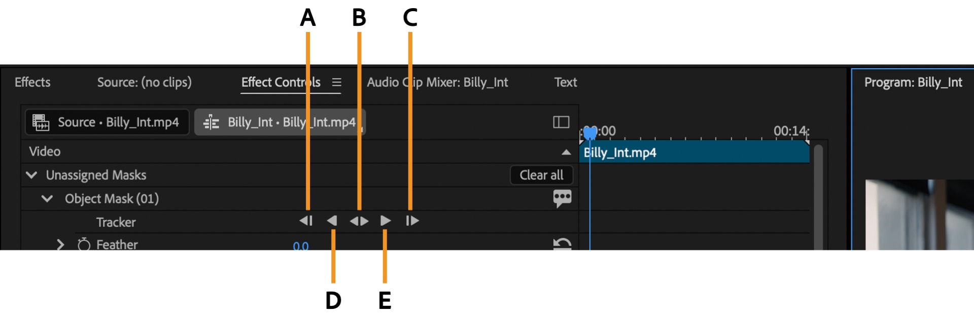 Effect Controls panel in Premiere Pro showing mask tracking buttons labeled A to E for moving a mask through a clip.