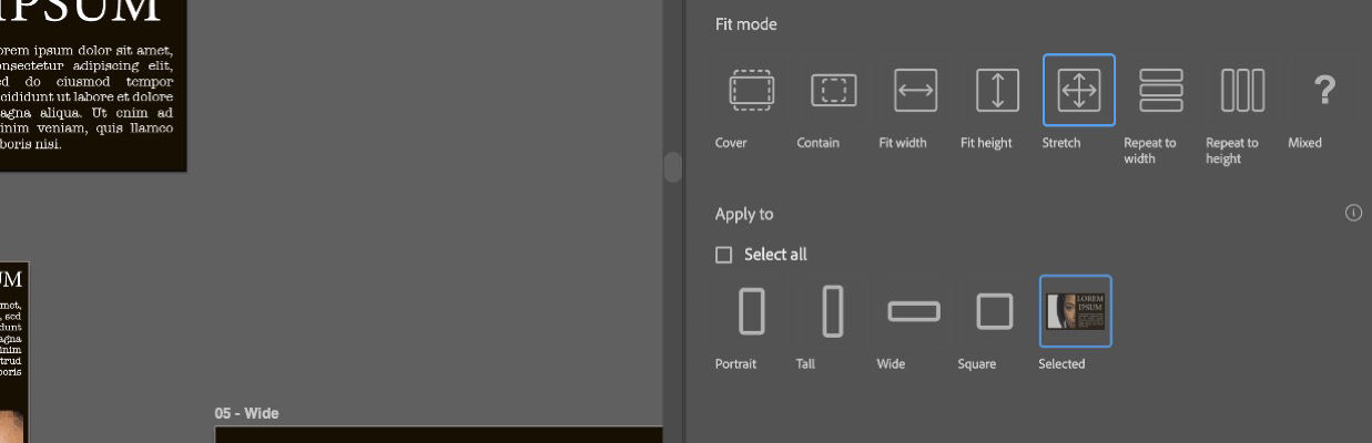 The Fit mode and Apply to sections are open, and an orientation is displayed along with the selected fit mode options under it.