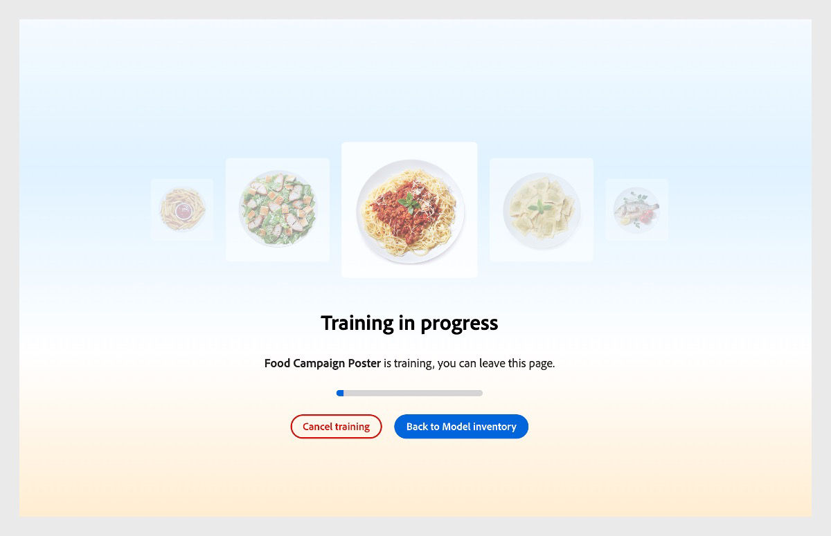 The UI shows “Training in progress.” Below it, there’s a message stating “Food Campaign Poster is training, you can leave this page.”