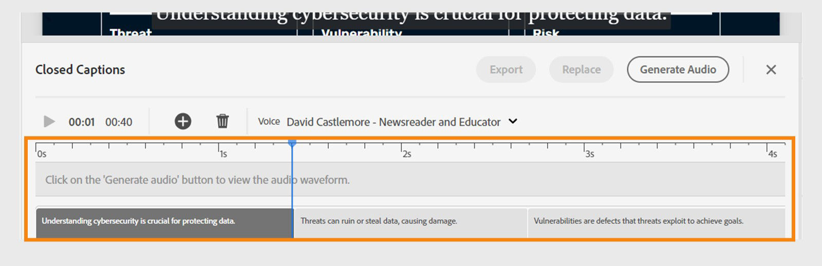 Closed Captions panel interface showing the transcript is added as closed captions