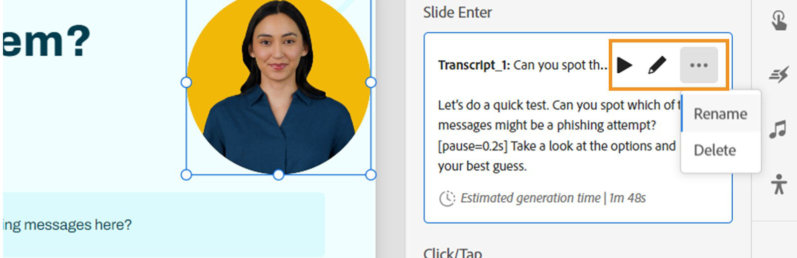 Hover over a transcript to view the edit, preview audio, rename, and delete actions