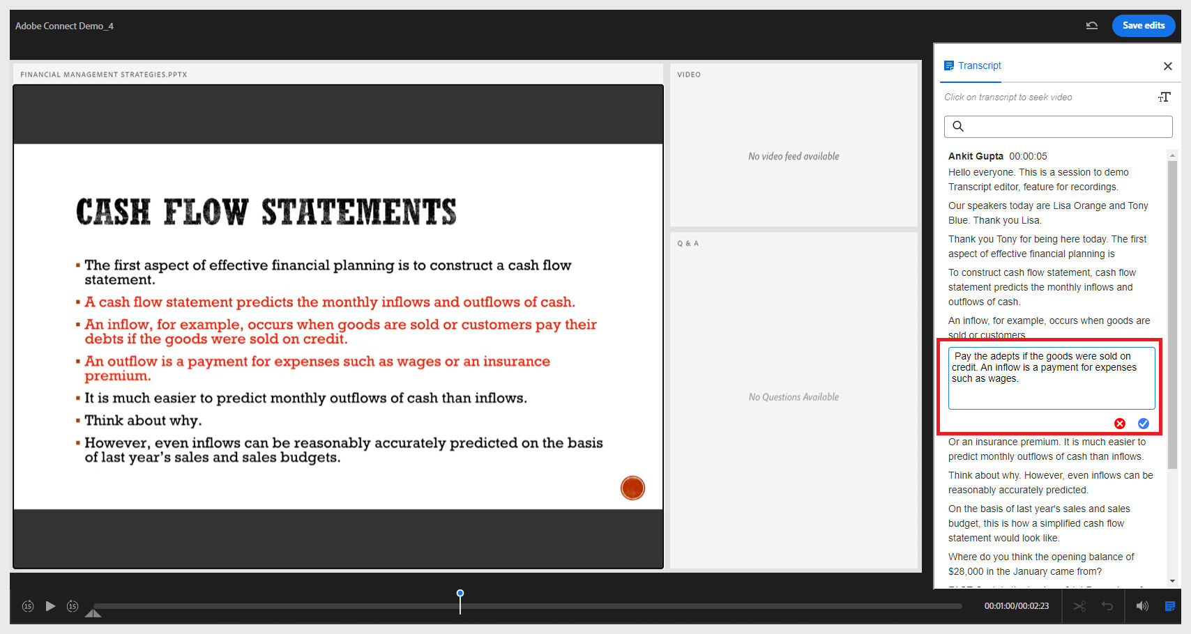 Editor de transcripción disponible durante la edición de la grabación